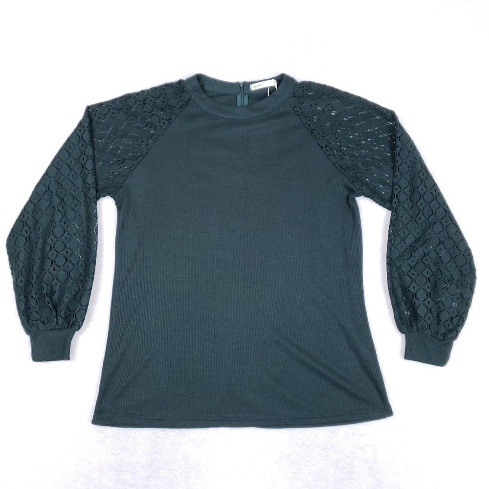 Miholl‎ Puff Sleeve Knit Top Large Dark Green Romantic Soft Elegance